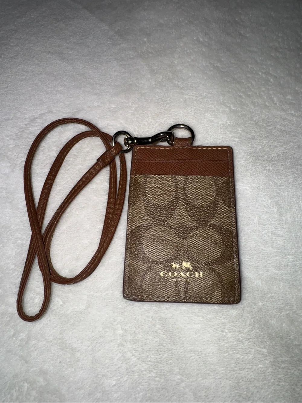 Coach Brown Signature ID Lanyard with Gold Logo